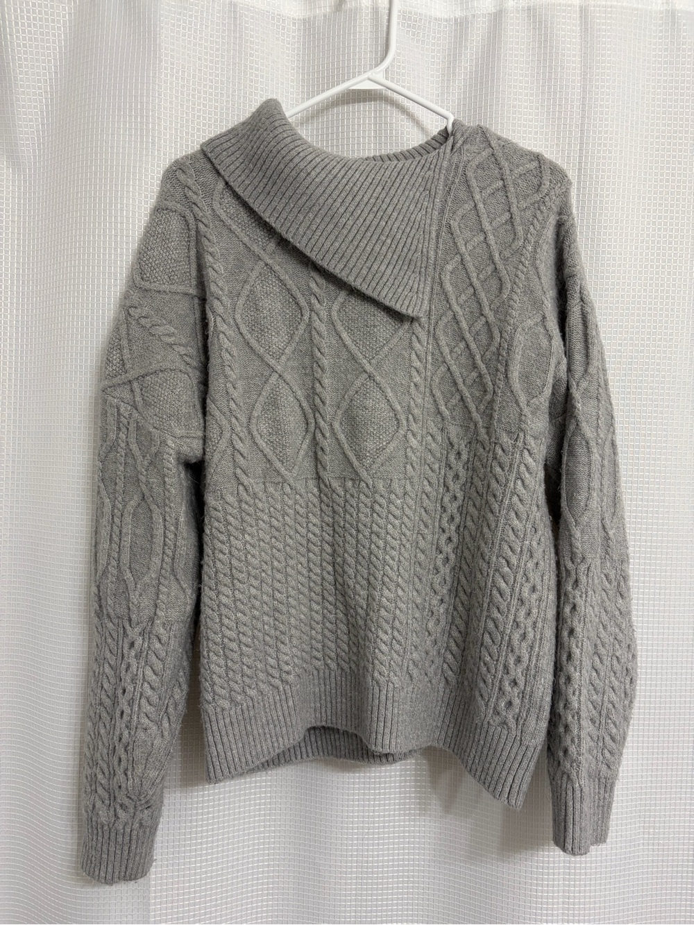 Cozy Grey Cable Knit Women's Sweater with Fold-Over Collar